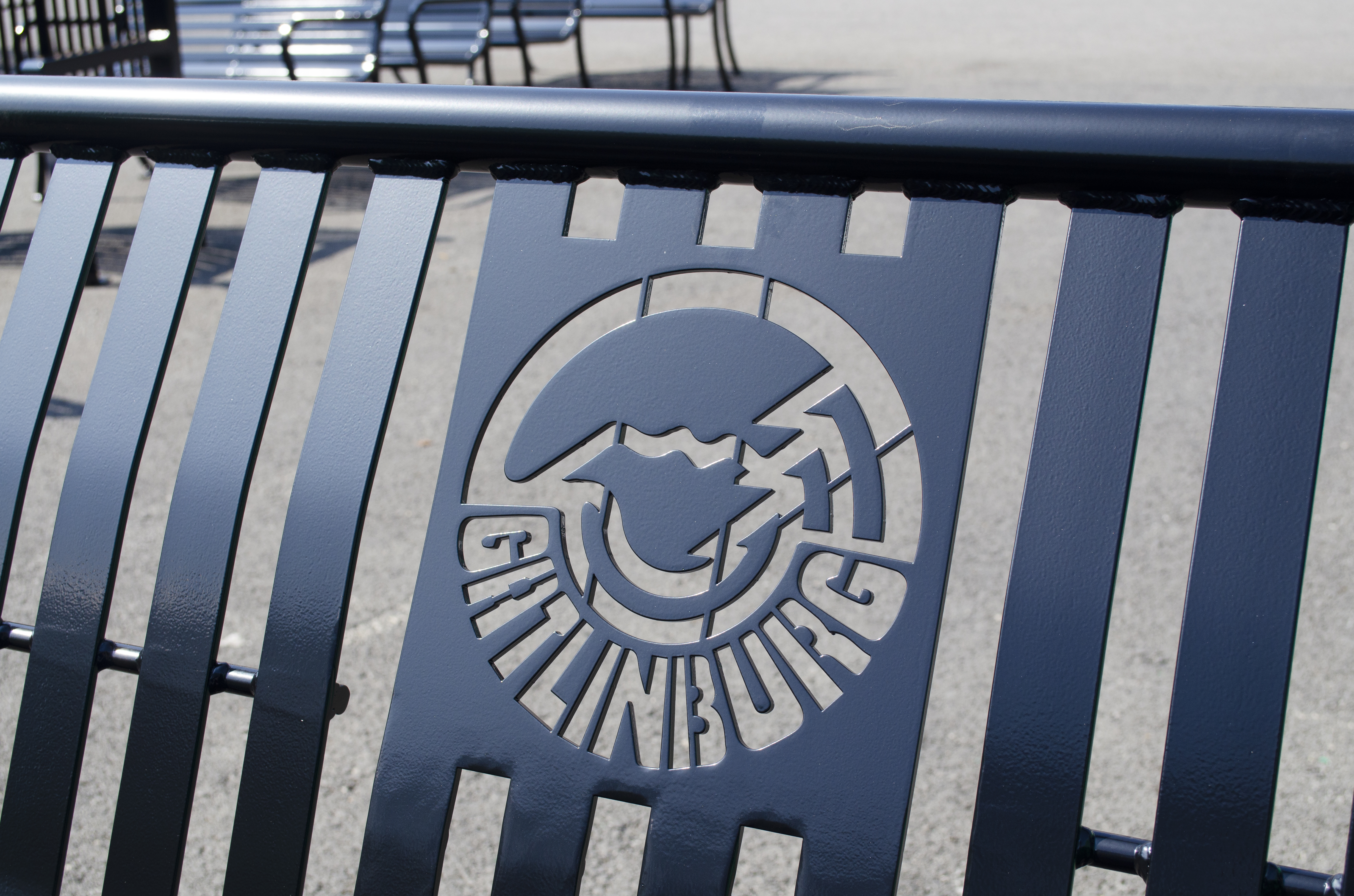 Pullman Bench With Lasercut Logo Closeup