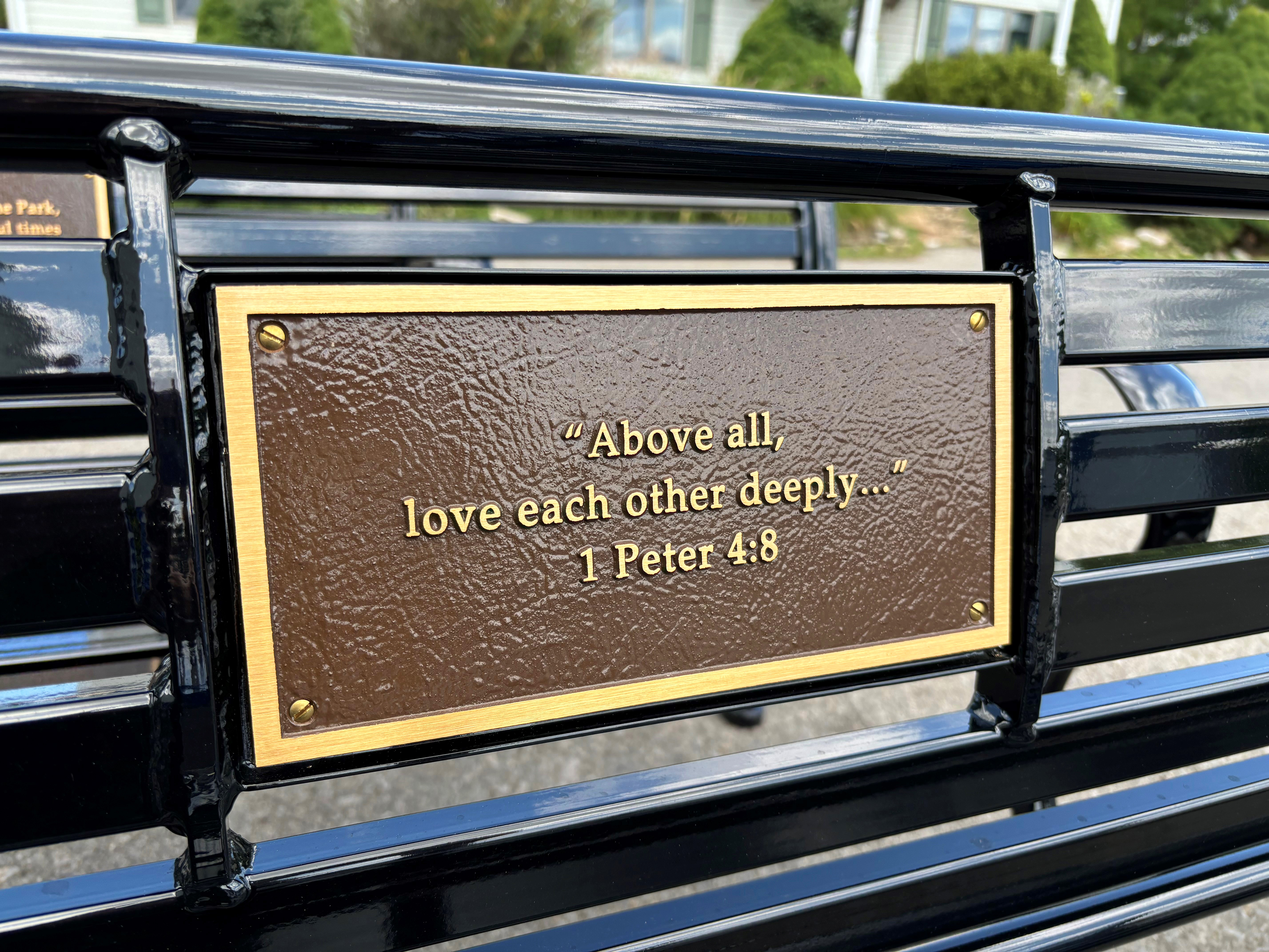 Schenley Bench With Back 6Ft Glossblack Plaque Bibleverse Lovedeeply
