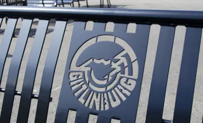 Pullman Bench With Lasercut Logo Closeup