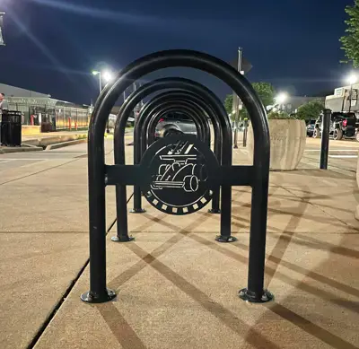 Sonance 1Loop Bike Rack Glossblack Lasercut Logo Streetscape