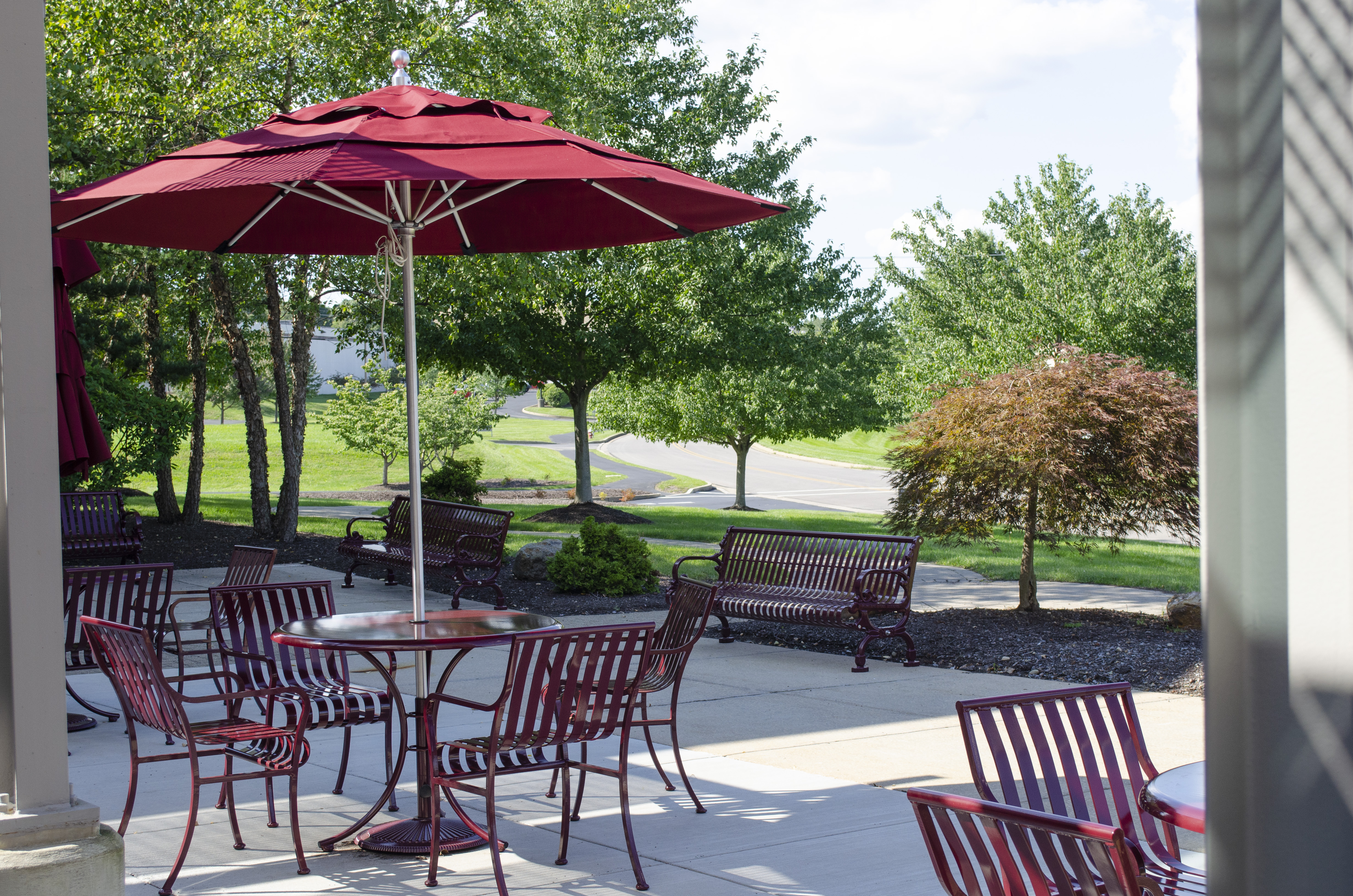 Courtyard Table Burgundy Umbrella Corporate Warrendalepa