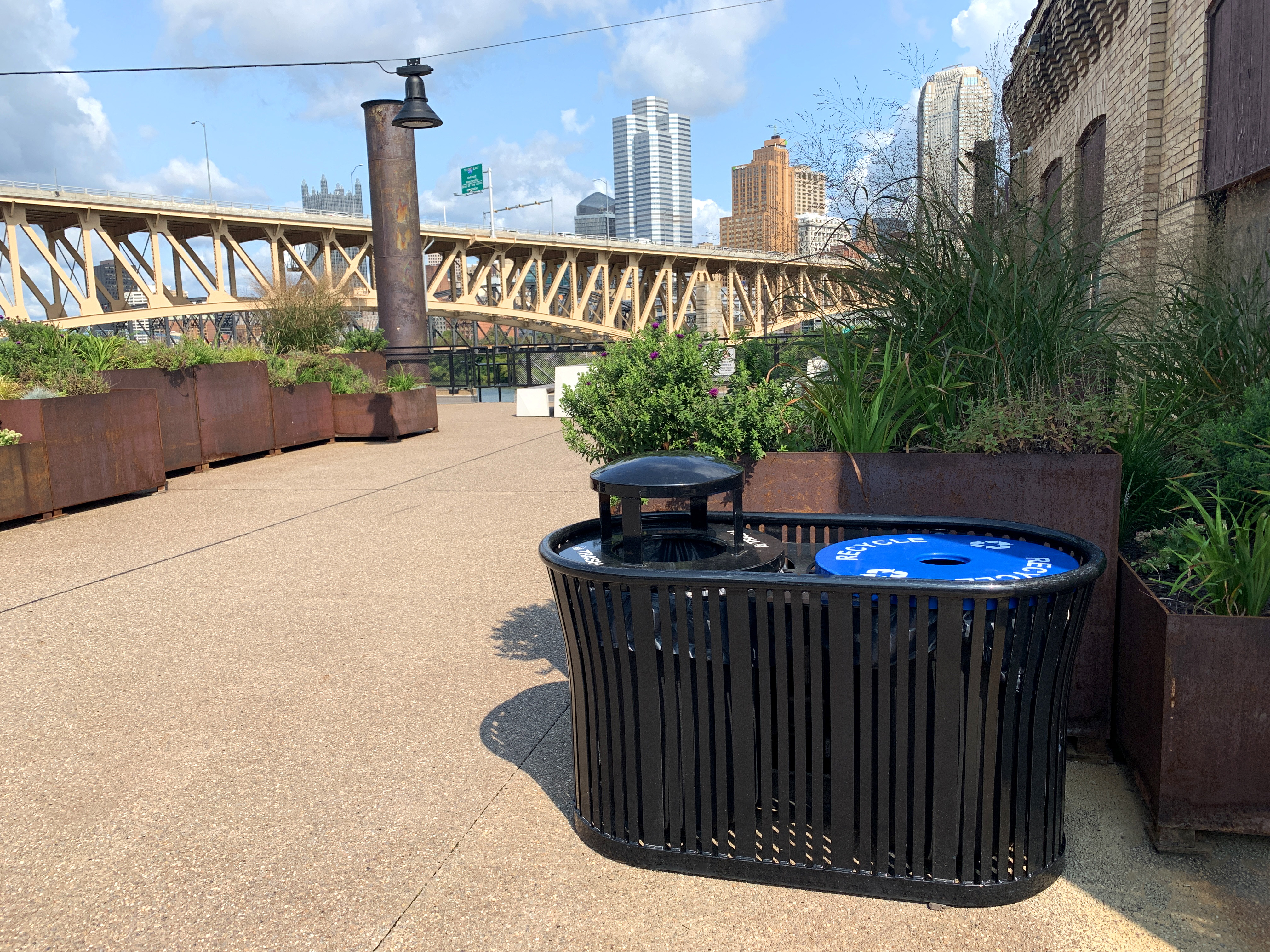 Harmony Dual Trash Recycle Litter Receptacle 32Gal Elevatedlid Glossblack Corporate City Pittsburghpa