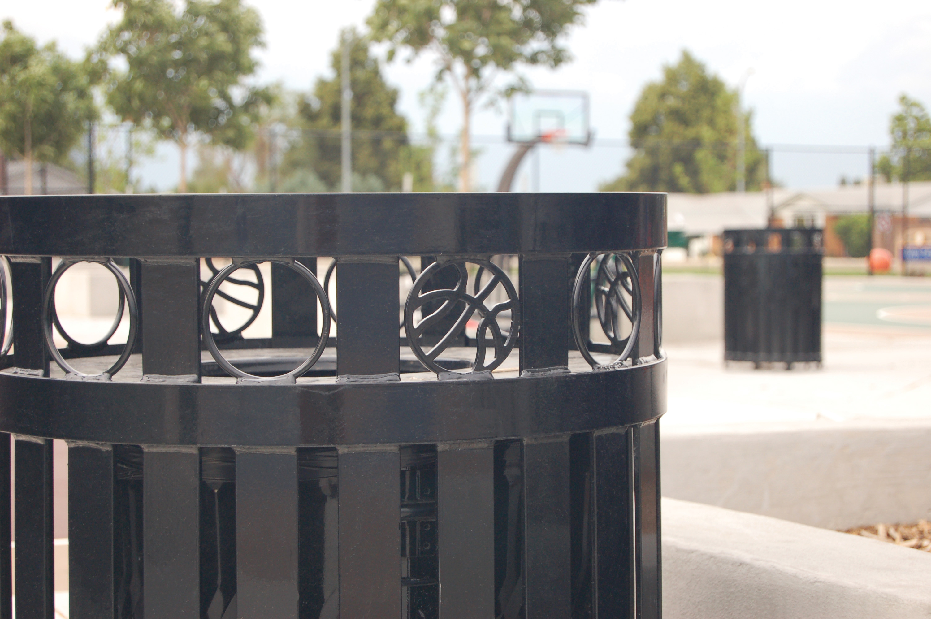 Atlanta Litter Receptacle 32Gal Glossblack Lasercut Municipal Park Basketballcourt