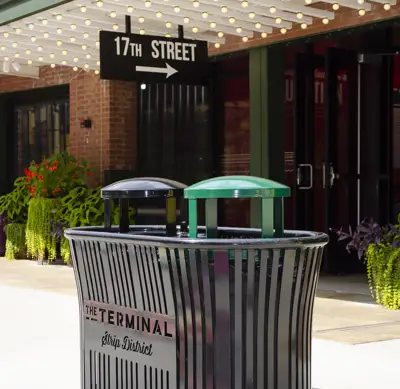 Harmony 32Gallon Dual Litter Recycle Receptacle Glossblack Logo Streetscape