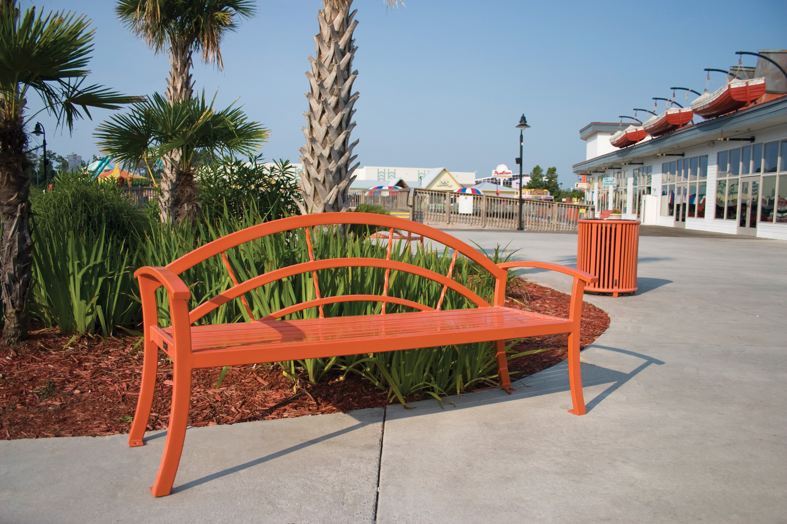 Feature Kerrington Bench With Back 6Ft Orange Reading Litter Receptacle 32Gal Orange Entertainment Retail Myrtlebeachsc