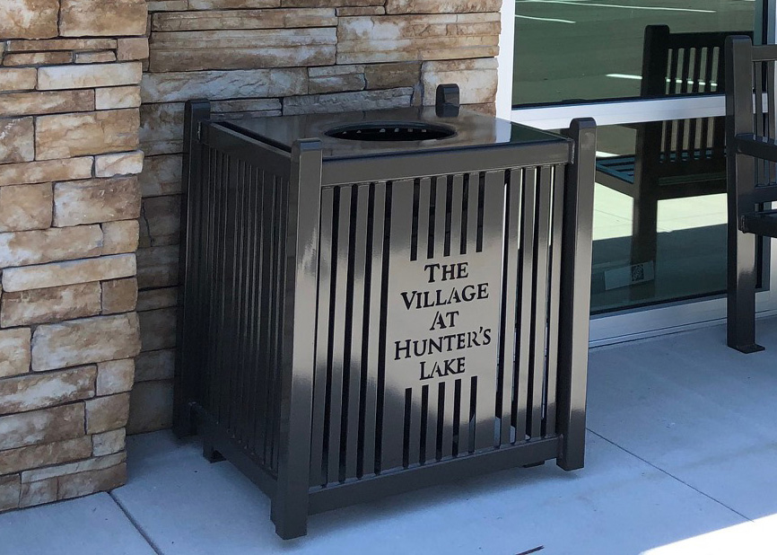 Reading Bench With Back 6Ft Lasercut Reading Square Litter Receptacle 32Gal Bronze Retail Tampaflcopy (10)