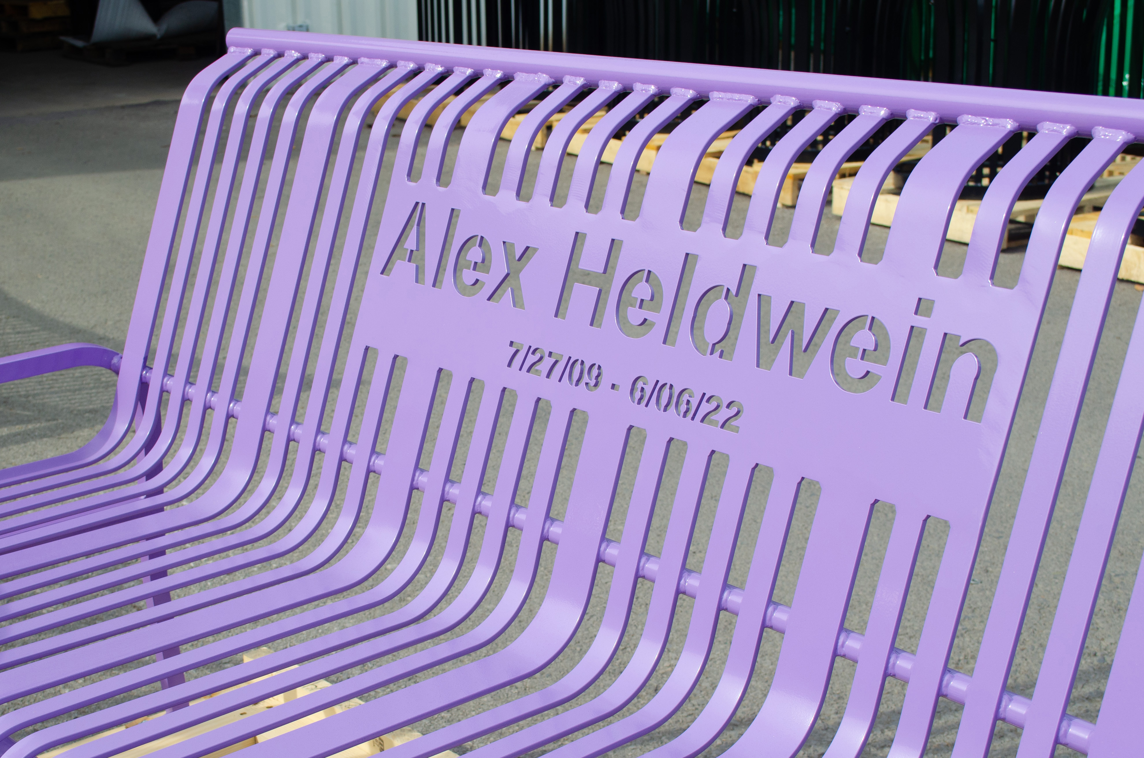 Mcconnell Bench With Back 6Ft Custompurple Lasercut Closeup