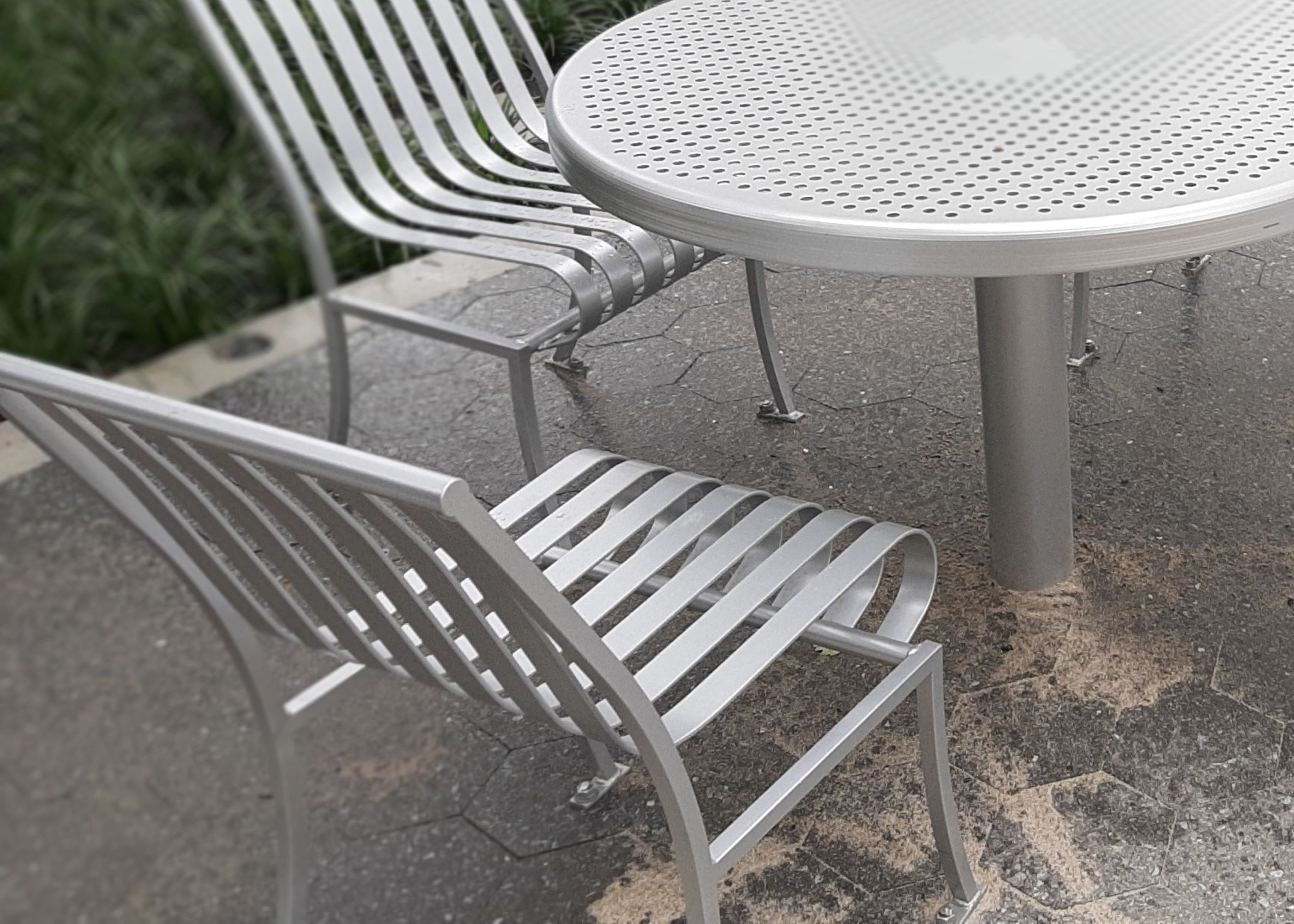 Courtyard Chair Saxony Pedestal Table Custom Perforated Top Sparklesilver Nycparks